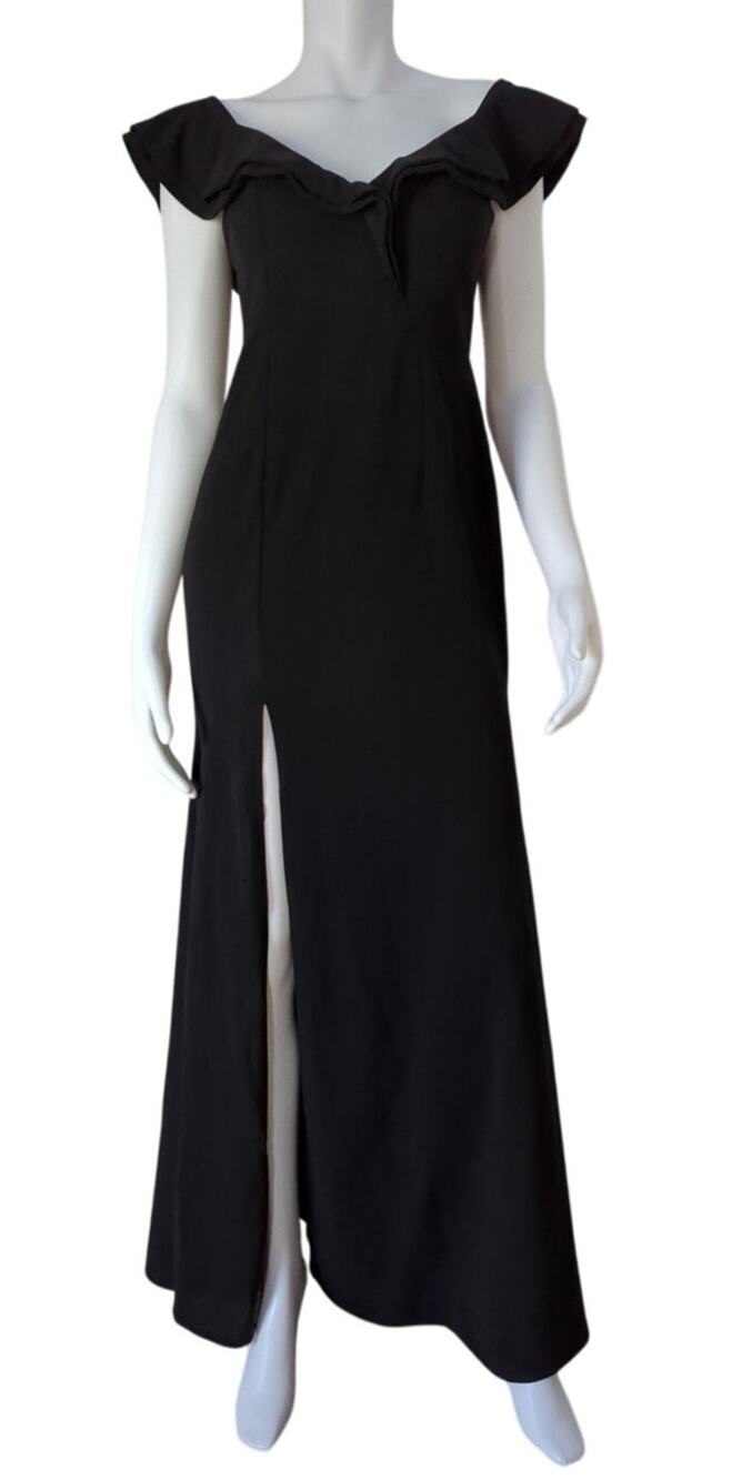 Luxxel Floor Length Strapless Evening Gown, Black with High Side Leg Slit Size M
